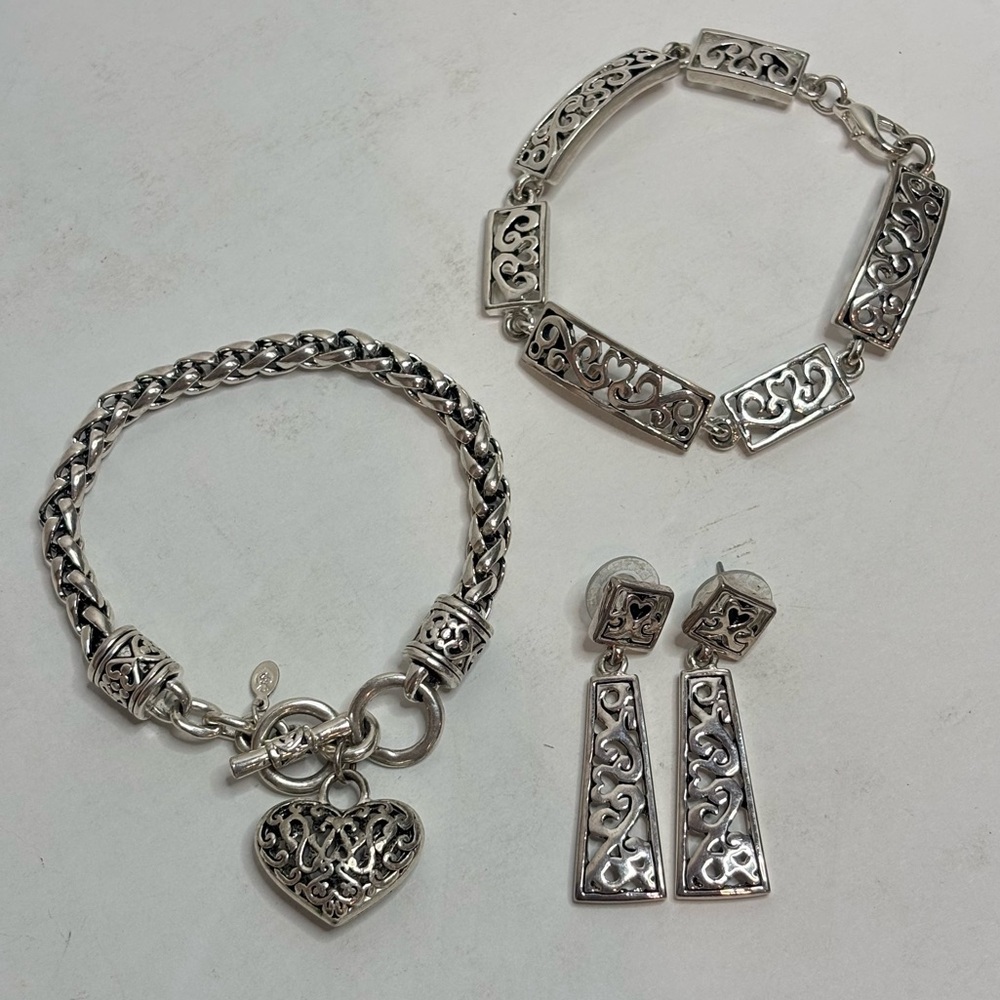 Premier Designs Heart Toggle Woven Bracelet Filigree Dangle Earrings Silver Set